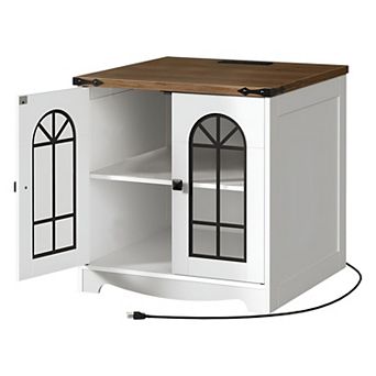Farmhouse Side Table with Charging Station and RGB LED Lighting, Accent Table with Glass Doors