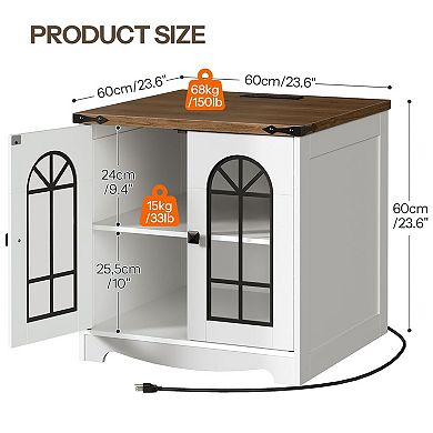 Farmhouse Side Table with Charging Station and RGB LED Lighting, Accent Table with Glass Doors