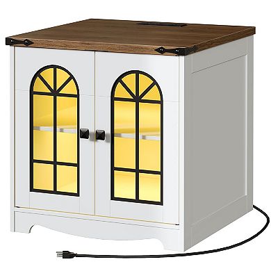 Farmhouse Side Table with Charging Station and RGB LED Lighting, Accent Table with Glass Doors