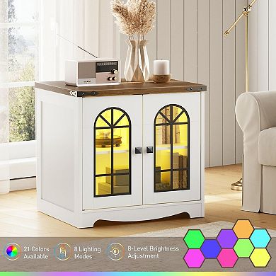 Farmhouse Side Table with Charging Station and RGB LED Lighting, Accent Table with Glass Doors