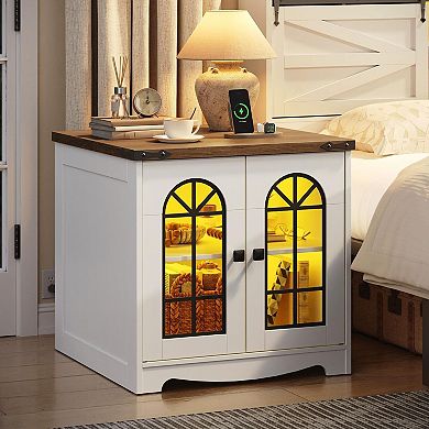Farmhouse Side Table with Charging Station and RGB LED Lighting, Accent Table with Glass Doors
