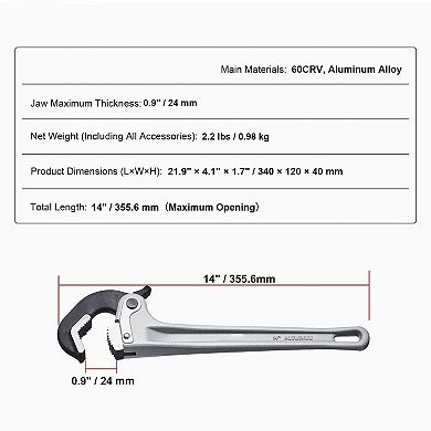 Aluminum Pipe Wrench with Heat-Treated 60CRV Alloy Jaws and Lightweight Design