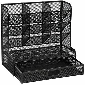 Large Mesh Desk Pen Holder Organizer with Drawer Black