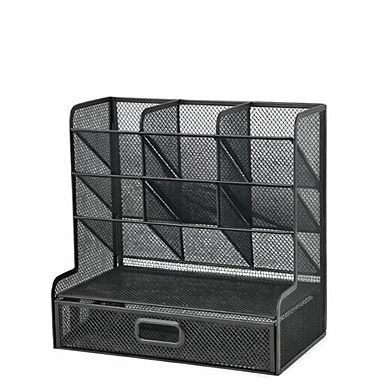 Large Mesh Desk Pen Holder Organizer with Drawer Black
