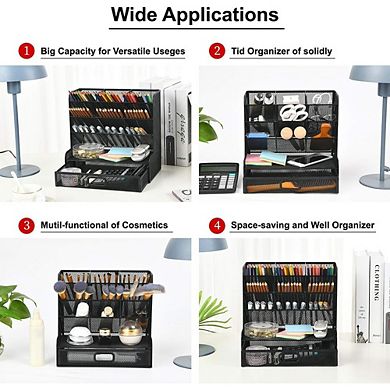 Large Mesh Desk Pen Holder Organizer with Drawer Black