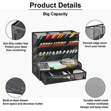 Large Mesh Desk Pen Holder Organizer with Drawer Black