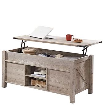 48" Farmhouse Lift Top Coffee Table with Storage, Sliding Barn Door Living Room Center Table