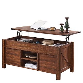 48" Farmhouse Lift Top Coffee Table with Storage, Sliding Barn Door Living Room Center Table