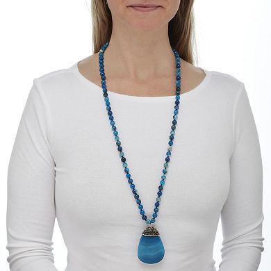 Round Genuine Blue Agate Crystal Accented Silvertone Drop Necklace 34 Inch