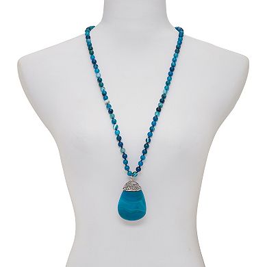 Round Genuine Blue Agate Crystal Accented Silvertone Drop Necklace 34 Inch