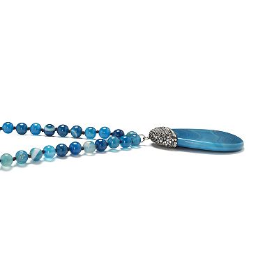 Round Genuine Blue Agate Crystal Accented Silvertone Drop Necklace 34 Inch