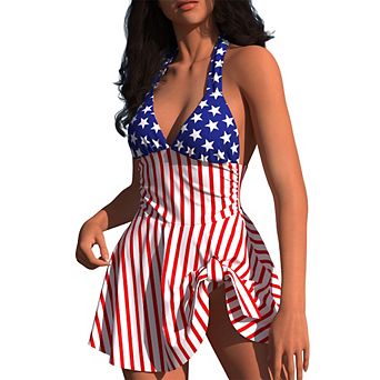 Women's Halter One Piece Ruffle Swimdress, Adjustable Straps Modest Swimwear