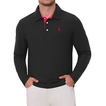 Men's Pattern Pique Polo Shirt Contrast Color Long Sleeves Golf Polo Shirts