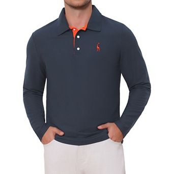 Men's Pattern Pique Polo Shirt Contrast Color Long Sleeves Golf Polo Shirts