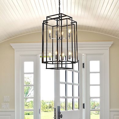 18" Modern 8-Light Black & Chrome Geometric Pendant Chandelier Industrial Metal Frame, Adjustable