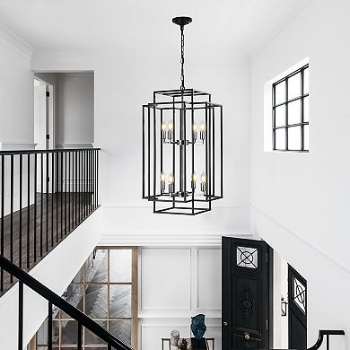 18" Modern 8-Light Black & Chrome Geometric Pendant Chandelier Industrial Metal Frame, Adjustable
