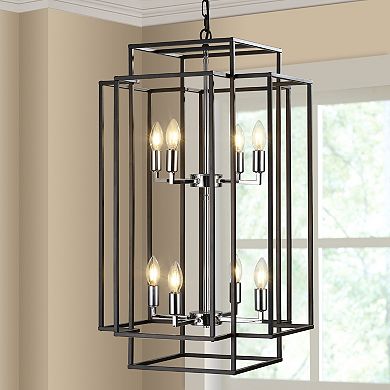 18" Modern 8-Light Black & Chrome Geometric Pendant Chandelier Industrial Metal Frame, Adjustable