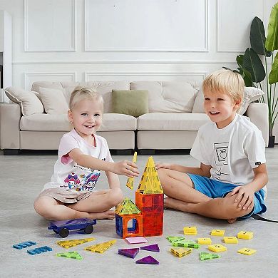 55-Piece Magnetic Building Tiles Set for Kids with Car Base and Activity Cards