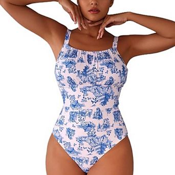 Women's Chinoiserie Print One Piece Swimsuit Square Neck Ruched High Cut Bathing Suit