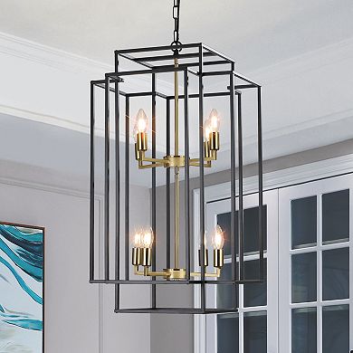 18" Modern 8-Light Black & Gold Geometric Pendant Chandelier Industrial Metal Frame, Adjustable