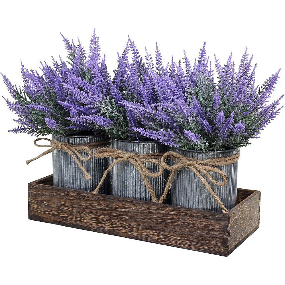 Artificial Lavender Potted Plants Set with Rustic Metal Pots and Wood ...