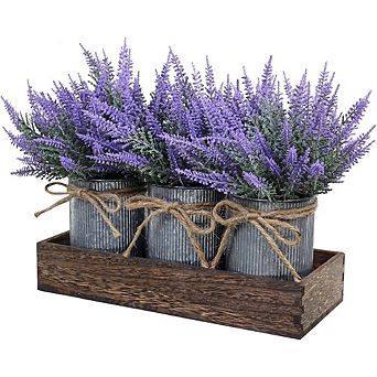 Artificial Lavender Potted Plants Set with Rustic Metal Pots and Wood Tray Decor