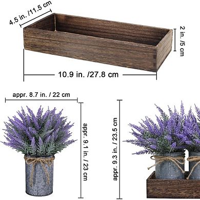 Artificial Lavender Potted Plants Set with Rustic Metal Pots and Wood Tray Decor