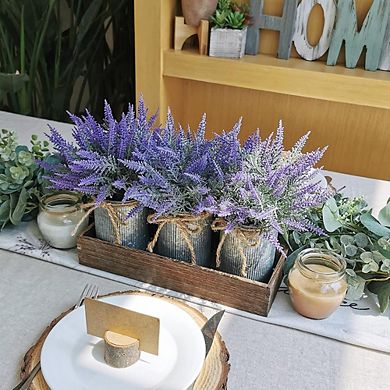 Artificial Lavender Potted Plants Set with Rustic Metal Pots and Wood Tray Decor