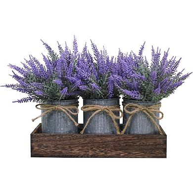Artificial Lavender Potted Plants Set with Rustic Metal Pots and Wood Tray Decor
