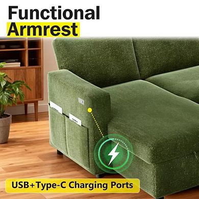 Maxspeed 2 in 1 Pull Out Sleeper Sofa with Storage Chenille Sectional Couch with USB for Living Room