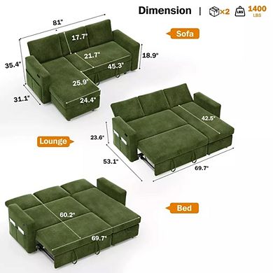 Maxspeed 2 in 1 Pull Out Sleeper Sofa with Storage Chenille Sectional Couch with USB for Living Room