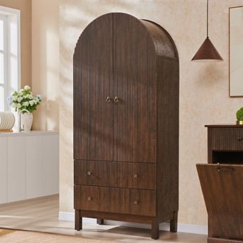 71" High Pantry Cabinet, Arched Cabinet, w/ Adjustable Shelves and 4 Large Drawers Fluted Arched