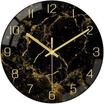Black Marble Texture Wall Clock with Gold Hands, 12 Inch Modern Non Ticking Quartz Decorative Clock