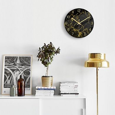 Black Marble Texture Wall Clock with Gold Hands, 12 Inch Modern Non Ticking Quartz Decorative Clock