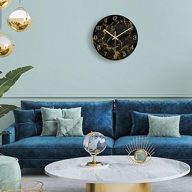 Black Marble Texture Wall Clock with Gold Hands, 12 Inch Modern Non Ticking Quartz Decorative Clock