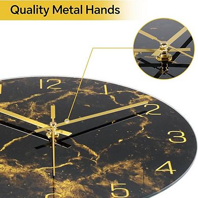 Black Marble Texture Wall Clock with Gold Hands, 12 Inch Modern Non Ticking Quartz Decorative Clock