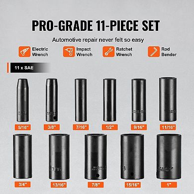 Drive Impact Socket Set 11-Piece SAE Deep Sockets for Automotive and Workshop
