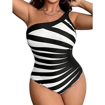 Women's One Shoulder One Piece Swimsuit Striped Print High Cut Bathing Suit for Beach Vacation