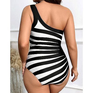 Women's One Shoulder One Piece Swimsuit Striped Print High Cut Bathing Suit for Beach Vacation