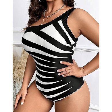 Women's One Shoulder One Piece Swimsuit Striped Print High Cut Bathing Suit for Beach Vacation