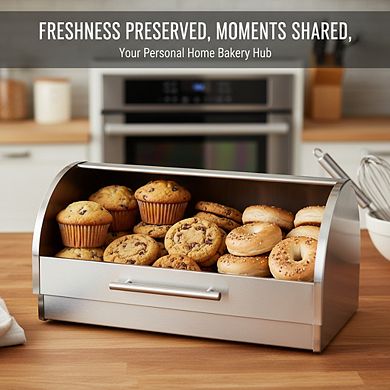 Stainless Steel Roll Top Bread Box with Glass Lid, Large Capacity for Kitchen Counter