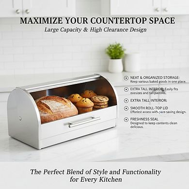 Stainless Steel Roll Top Bread Box with Glass Lid, Large Capacity for Kitchen Counter