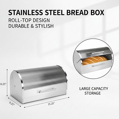 Stainless Steel Roll Top Bread Box with Glass Lid, Large Capacity for Kitchen Counter