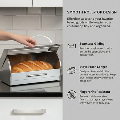 Stainless Steel Roll Top Bread Box with Glass Lid, Large Capacity for Kitchen Counter