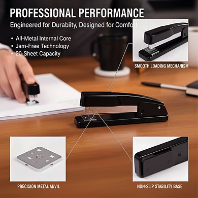 2-Pack Heavy Duty Stapler 20 Sheets, Jam-Free Metal Black for Office