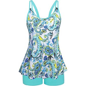 Women's Paisley Print Tankini Set Adjustable Strap Top Boyshort Bottom Two Piece Swimwear