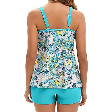 Women's Paisley Print Tankini Set Adjustable Strap Top Boyshort Bottom Two Piece Swimwear