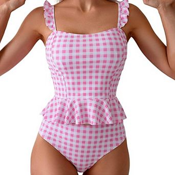Women's Gingham Two Piece Swimsuit Ruffle Strap High Waisted Bikini Set Cute Summer Beachwear
