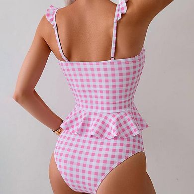 Women's Gingham Two Piece Swimsuit Ruffle Strap High Waisted Bikini Set Cute Summer Beachwear