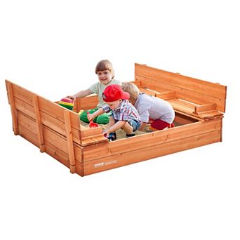 VEVOR Wooden Sandbox 52.4 x 47.2 in Kids Sand Box with Foldable Bench Seats